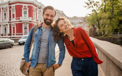 stylish couple love walking embracing street romantic trip