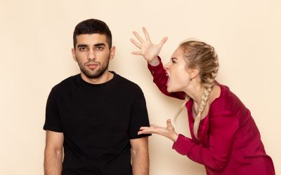 front view young female red shirt quarelling with male cream space female cloth photo violence